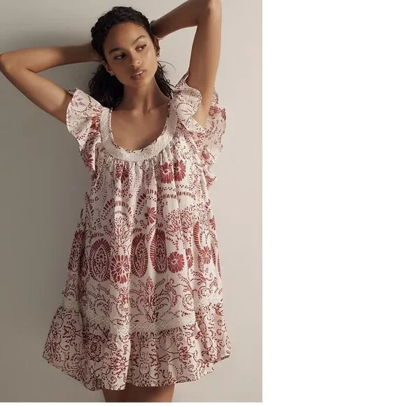 NWT Anthropologie Red and White Mini Dress Babydoll Mini Flutter White Red - Picture 1 of 8